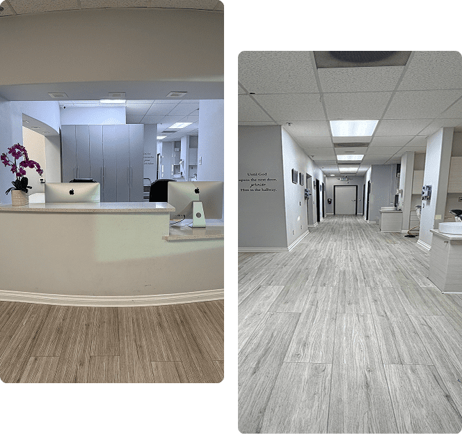 Reception area and a long hospital corridor with medical equipment.