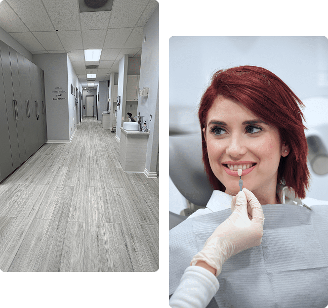 A clean, modern dental clinic hallway with wooden flooring.
