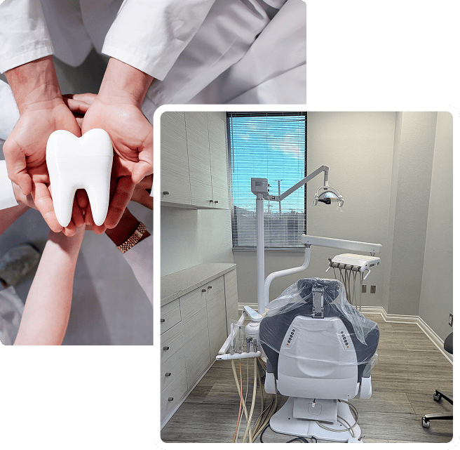 A dental clinic with equipment and a dentist holding a model tooth.